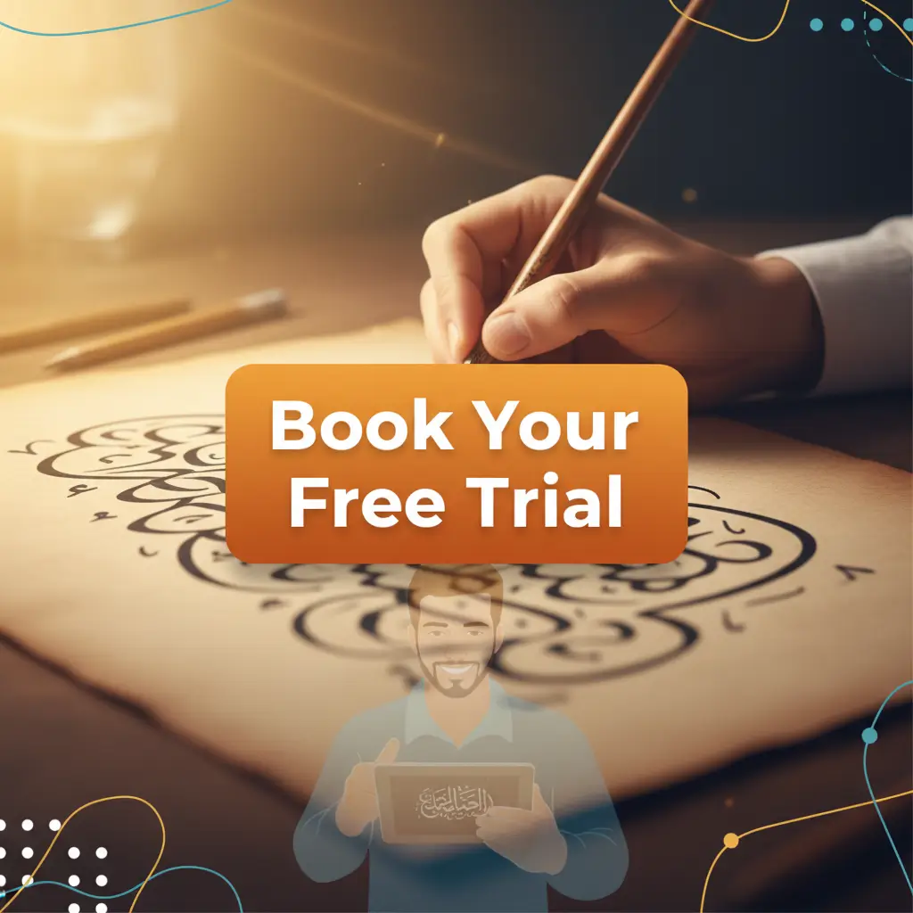 image_title Call to action image for booking a free Arabic evaluation at Alphabet Arabic Academy.