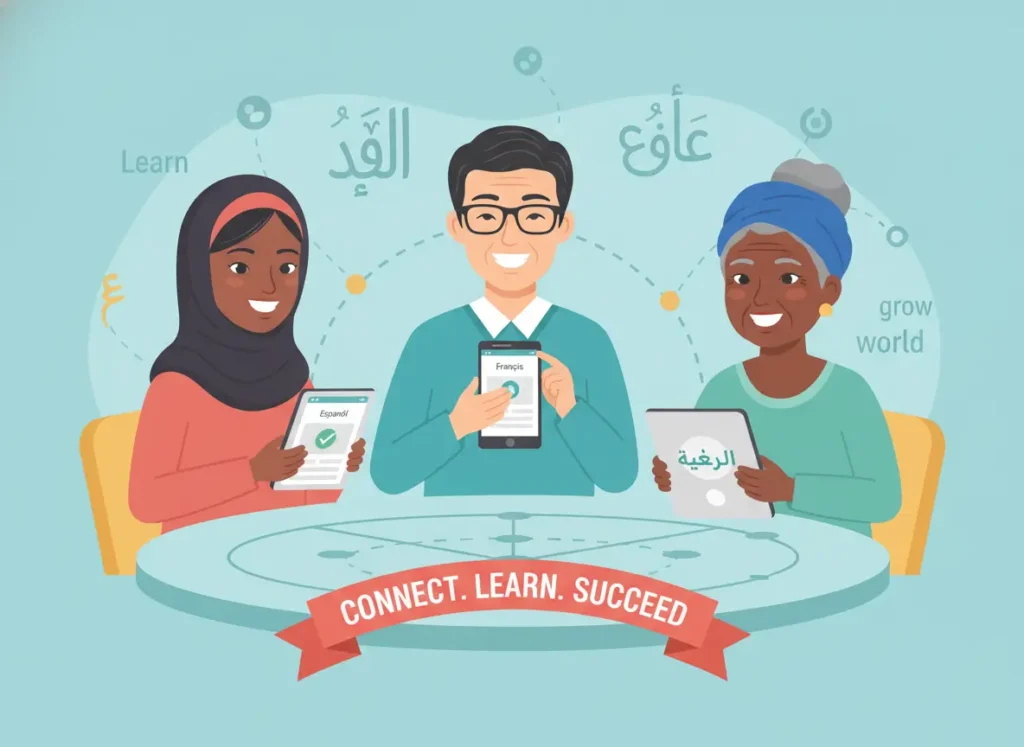 image_title Community of Successful Learners people sit on table with mobile