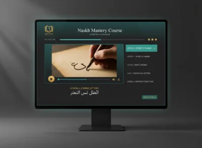 Monitor displaying the Naskh Mastery Course interface with a video player and a side lesson list on a dark teal UI.
