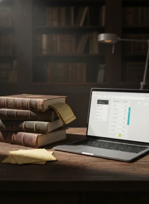 Stack of antique leather-bound books on a wooden desk beside a laptop displaying a data dashboard.