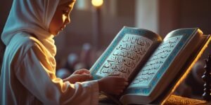 Child reciting Quran with open Mushaf teacher guiding gently 1 - Learn Arabic online Benefits of Learning Online with Us