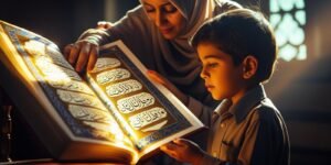 Child reciting Quran with open Mushaf teacher guiding gently - Learn Arabic online Quran Online Classes β Learn with Ease