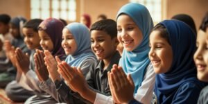 Children learning prayer steps online smiling teacher in hijab - Learn Arabic online Islamic Studies Course β Learn & Grow