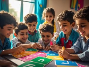 Happy Arab kids learning Arabic letters with colorful flashcards 1 - Learn Arabic online Kids Arabic Course