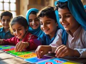 Happy Arab kids learning Arabic letters with colorful flashcards 2 - Learn Arabic online Interactive & Captivating Lessons