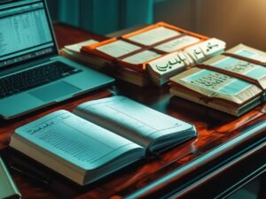 Professional setting_ notebook laptop and Arabic documents - Learn Arabic online How to Join