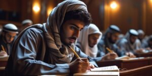 Student taking notes during Islamic lecture focused learning - Learn Arabic online Ready to Begin