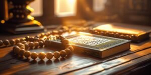 Tasbeeh beads and Quran on wooden desk warm spiritual tone - Learn Arabic online Tasbeeh beads and Quran on wooden desk warm spiritual tone