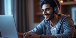 image_title - site_title Arab student smiling during online conversation headphones casual learning