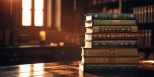 Books of Hadith and Quran stacked neatly on study desk