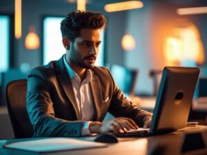 Businessman practicing Arabic vocabulary during online lesson