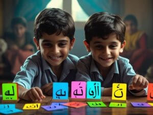 Happy Arab kids learning Arabic letters with colorful flashcards