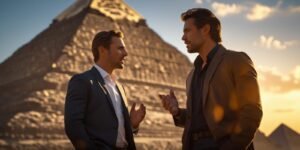 man speaking with other at pyrmaid - Learn Arabic online Ready to Start Speaking Egyptian Arabic?