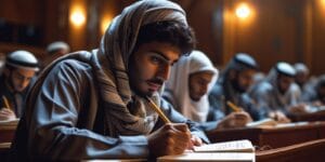 Student taking notes during Islamic lecture focused learning