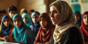 Teacher explaining Islamic history online students listening