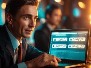 Teacher sharing business related Arabic terms on laptop screen