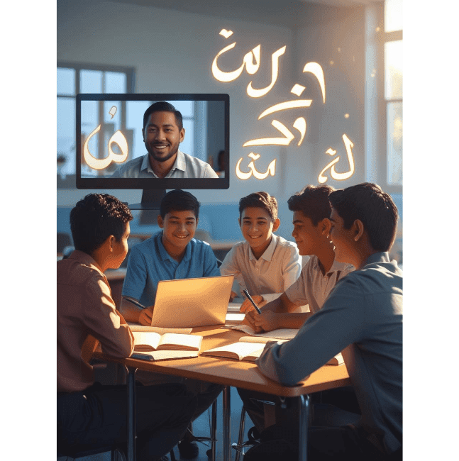 teacher with 5 students online