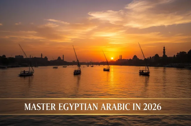 Egyptian Arabic dialect learning guide with a view of the Nile river in Cairo.