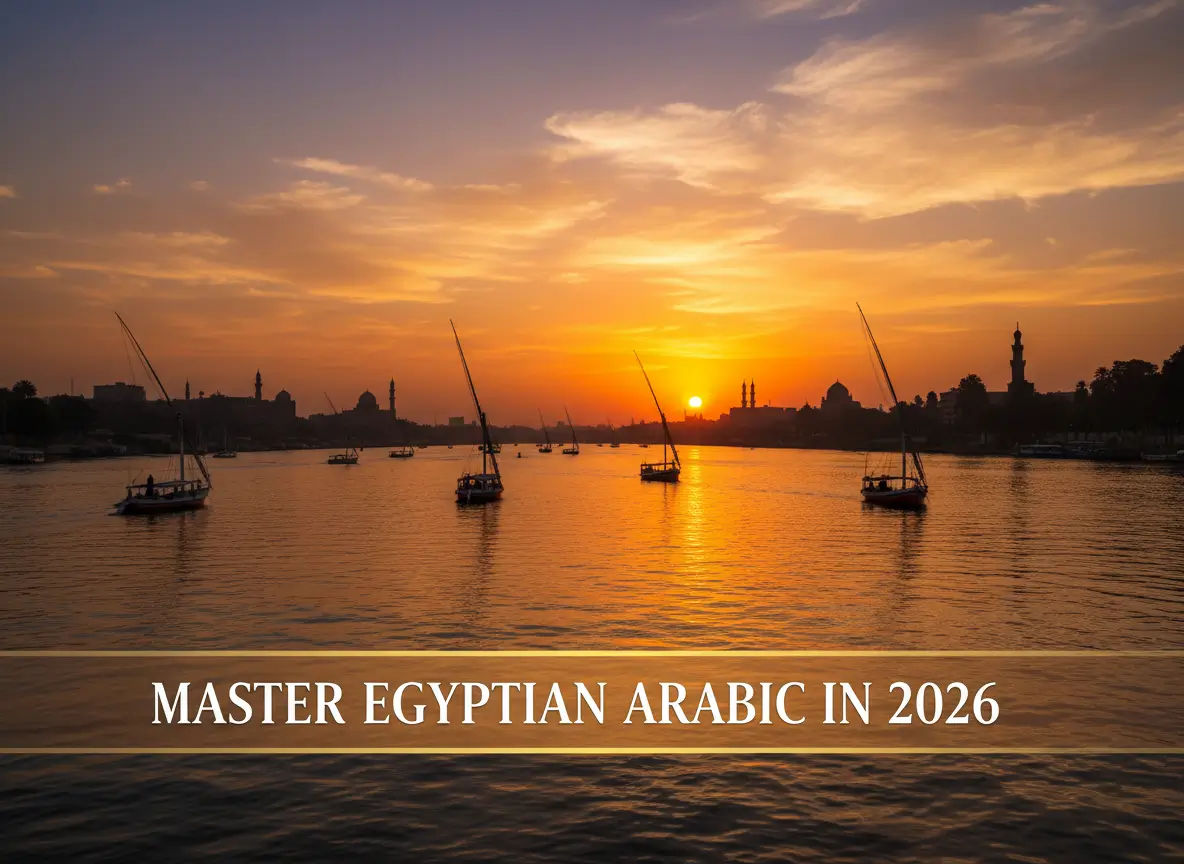 Egyptian Arabic dialect learning guide with a view of the Nile river in Cairo.