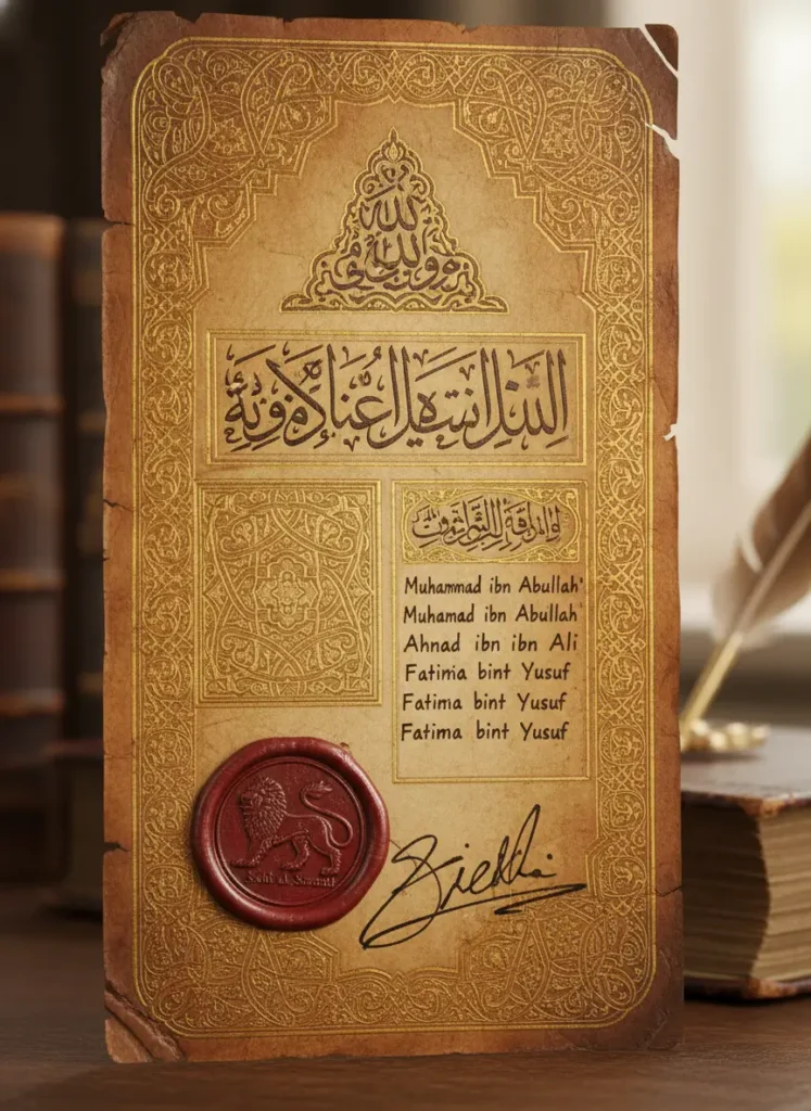 A certified Quran teacher’s Ijazah with a golden seal, representing the unbroken chain of narration (Sanad)