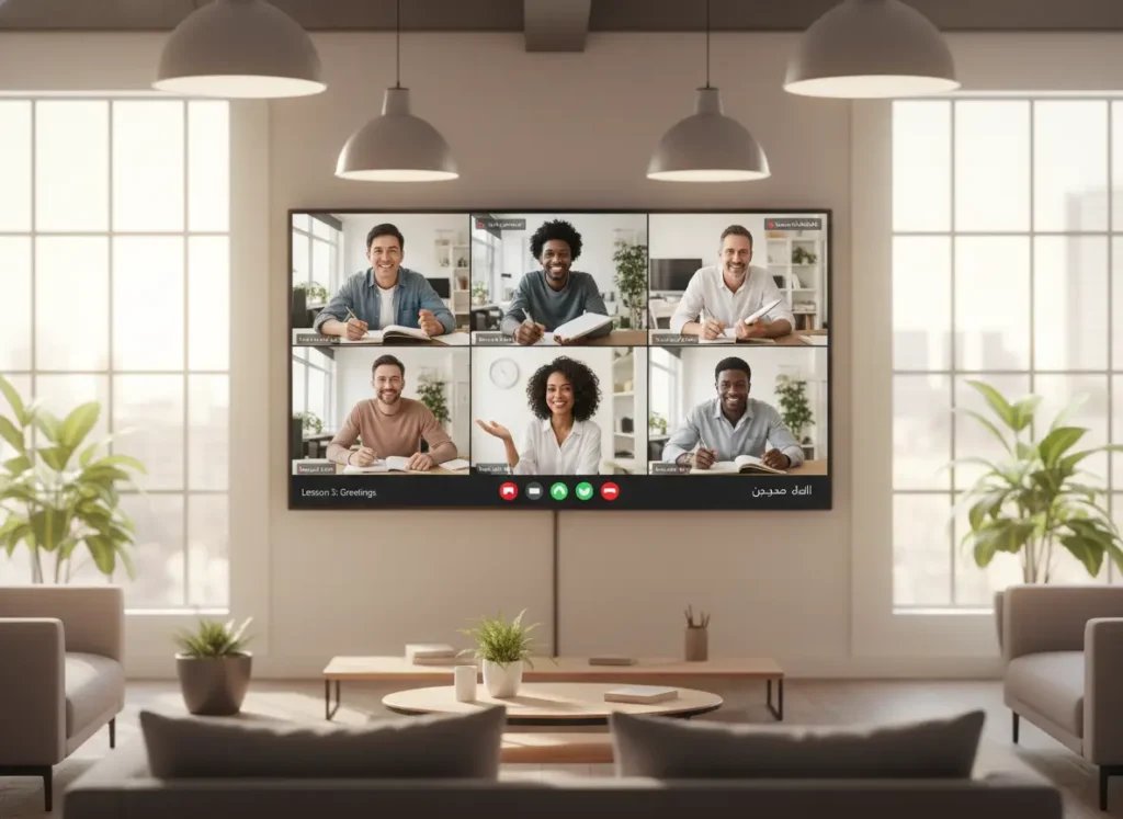 A diverse group of students in an online Arabic class interacting with a native speaking tutor from Alphabet Arabic Academy.