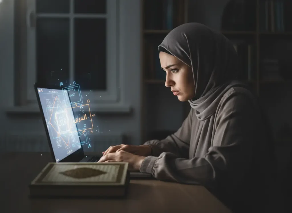 A frustrated student trying to learn Quran through apps alone, highlighting the need for a professional Quran teacher