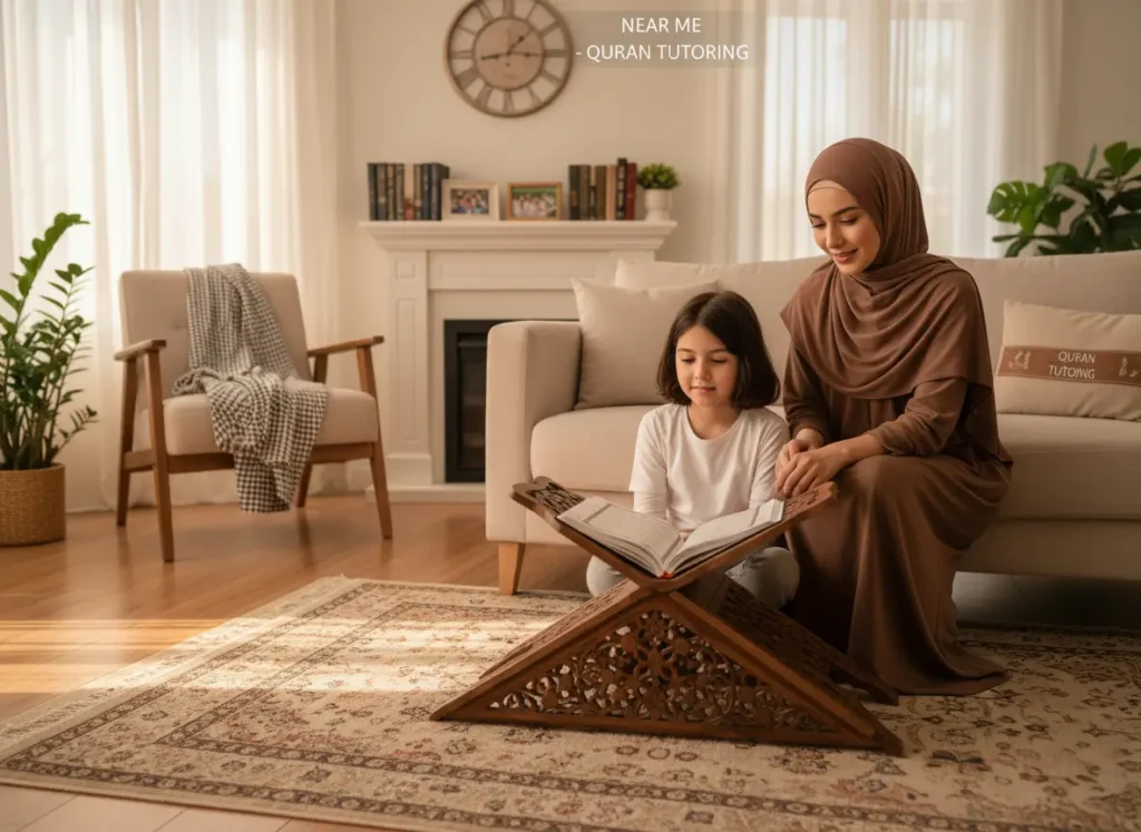 A home Quran teacher near me conducting an in-person lesson for a child in a comfortable home environment