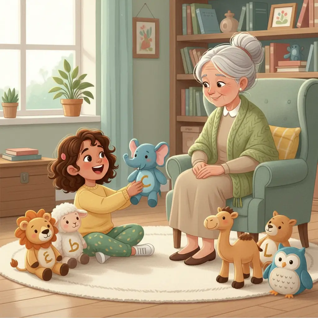 A joyful young girl learning Arabic from her grandmother and an online tutor, bridging generations through language