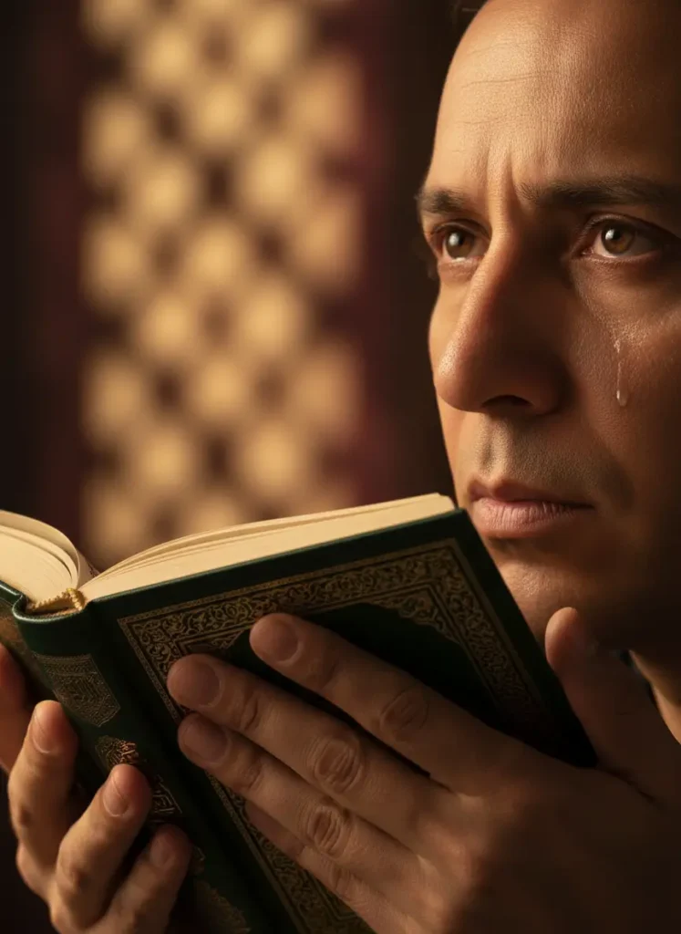 A person thoughtfully studying the Holy Quran, emphasizing the spiritual understanding and deep reflection beyond mere recitation.