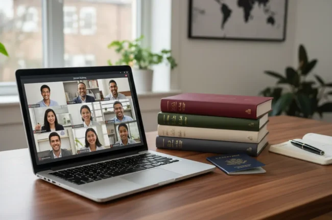 A professional setup showing a laptop and study materials for Arabic for Specific Purposes (ASP) students.