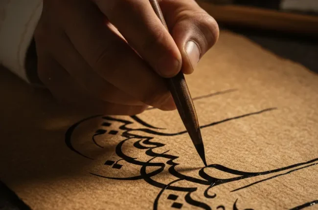 A professional visual representation of Arabic grammar and writing architecture featuring elegant calligraphy and educational tools.