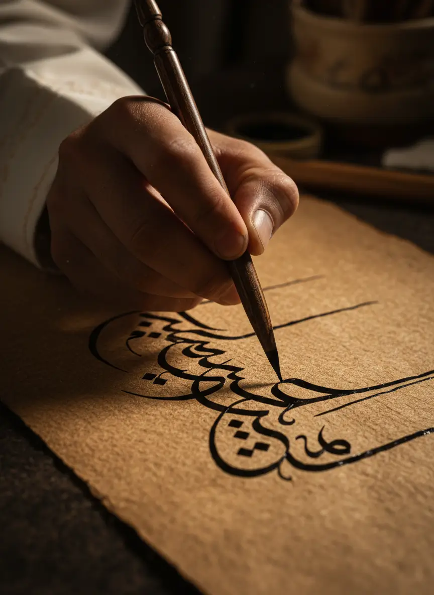 A professional visual representation of Arabic grammar and writing architecture featuring elegant calligraphy and educational tools.