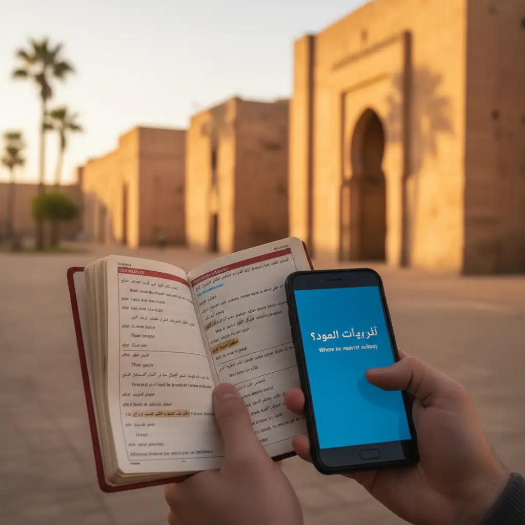 image_title A traveler practicing basic Arabic phrases in a traditional market while traveling in the Middle East.