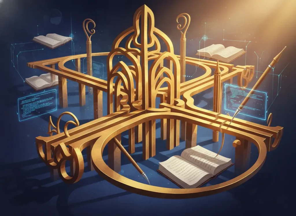 An organized educational infographic showing Arabic grammar building blocks like Nahw and Sarf in a clear, logical structure