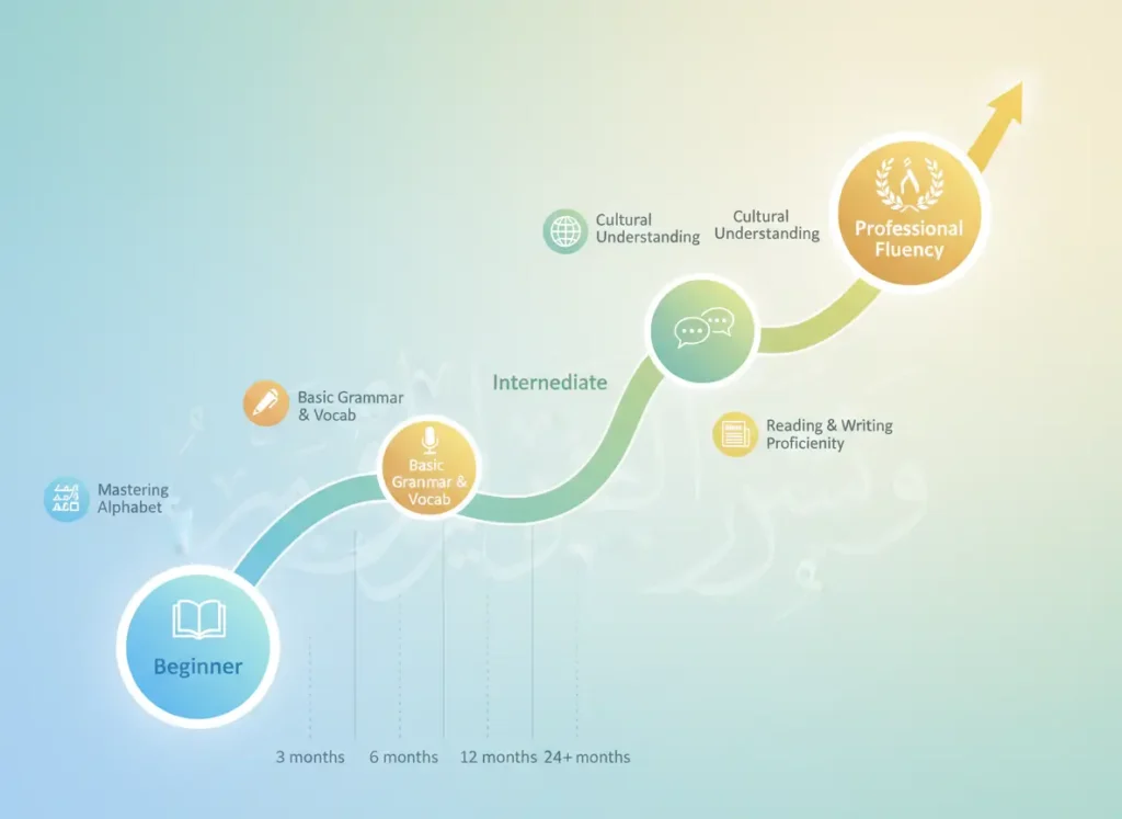 image_title Arabic language learning timeline from absolute beginner to professional fluency
