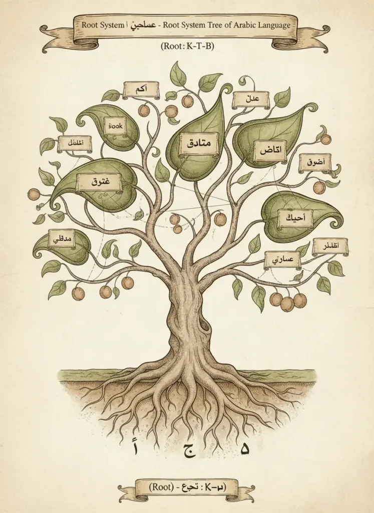 Arabic root system diagram showing how K-T-B forms different Quranic
