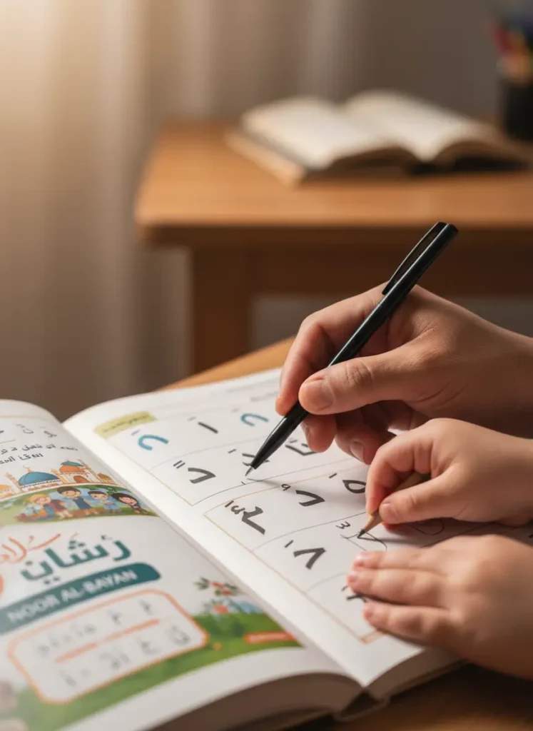 Beginner student learning Arabic alphabet and basic Quranic Arabic script, marking the foundational steps in online Quran education.