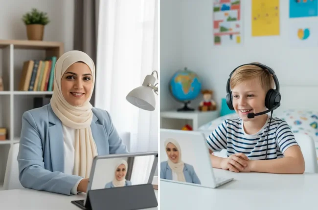 Children engaged in fun and interactive online Arabic lessons with gamified activities and cheerful tutors