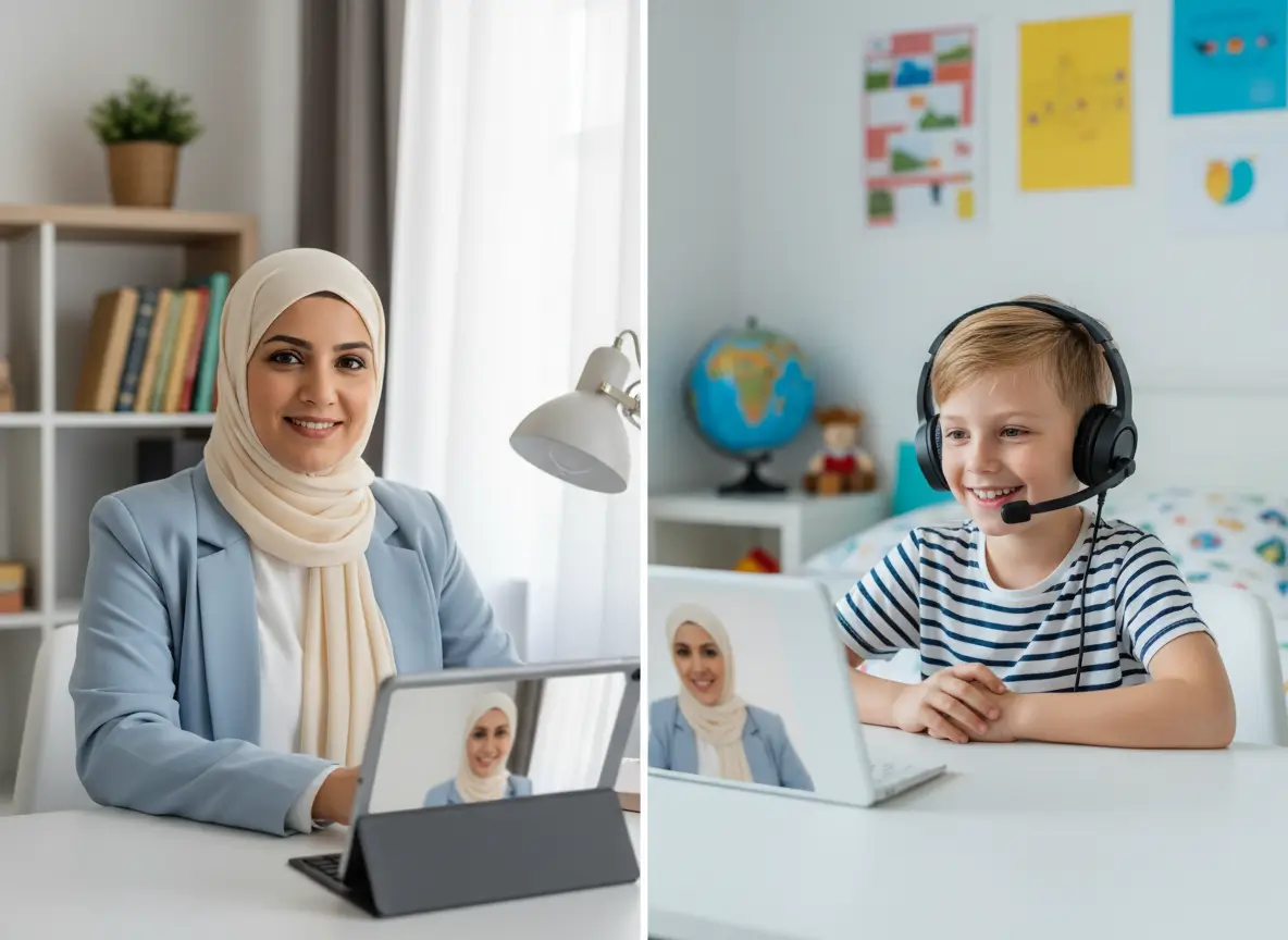 Children engaged in fun and interactive online Arabic lessons with gamified activities and cheerful tutors