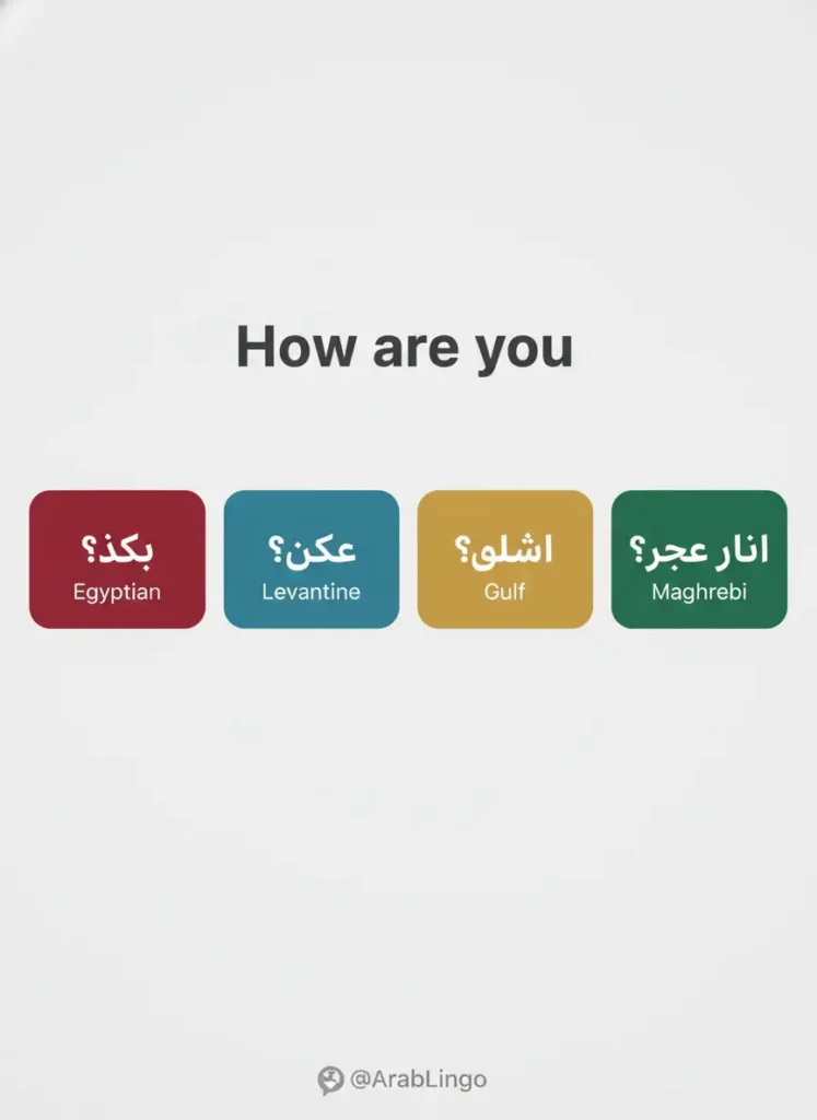 image_title Comparison table of common phrases in Egyptian, Levantine, Gulf, and Maghrebi Arabic dialects.