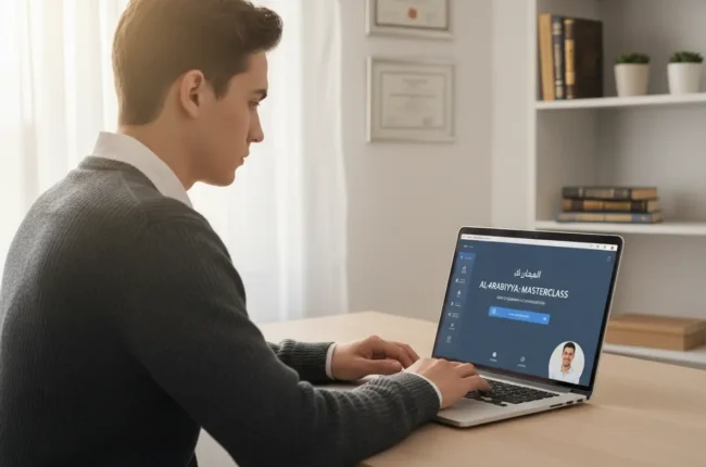 Comprehensive Arabic course online showing a student engaged in a structured learning path.