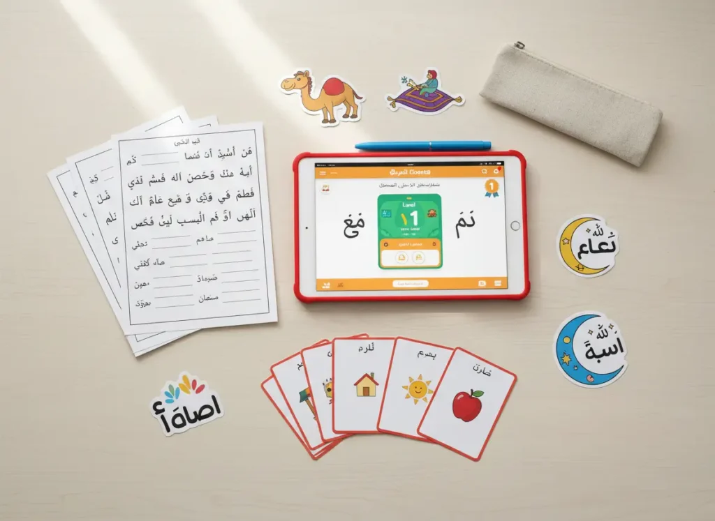 Comprehensive resource kit for fun Arabic learning and digital games.