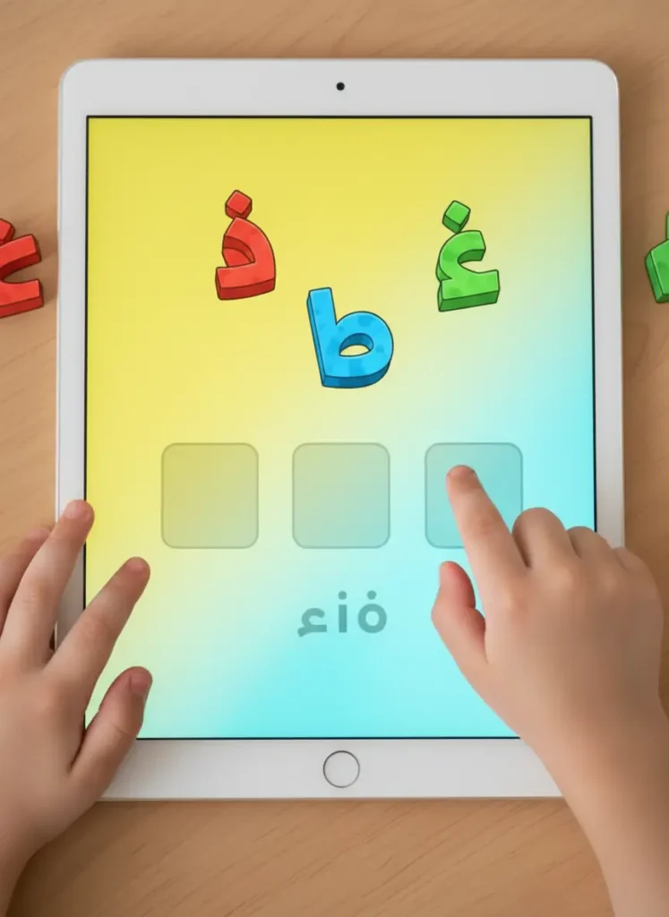 Digital Arabic alphabet games for kids on a tablet for home practice. Fun Learning & Games