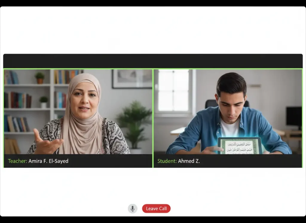 image_title Expert Egyptian Tajweed teacher providing one-on-one online Quran recitation class to a student via video call