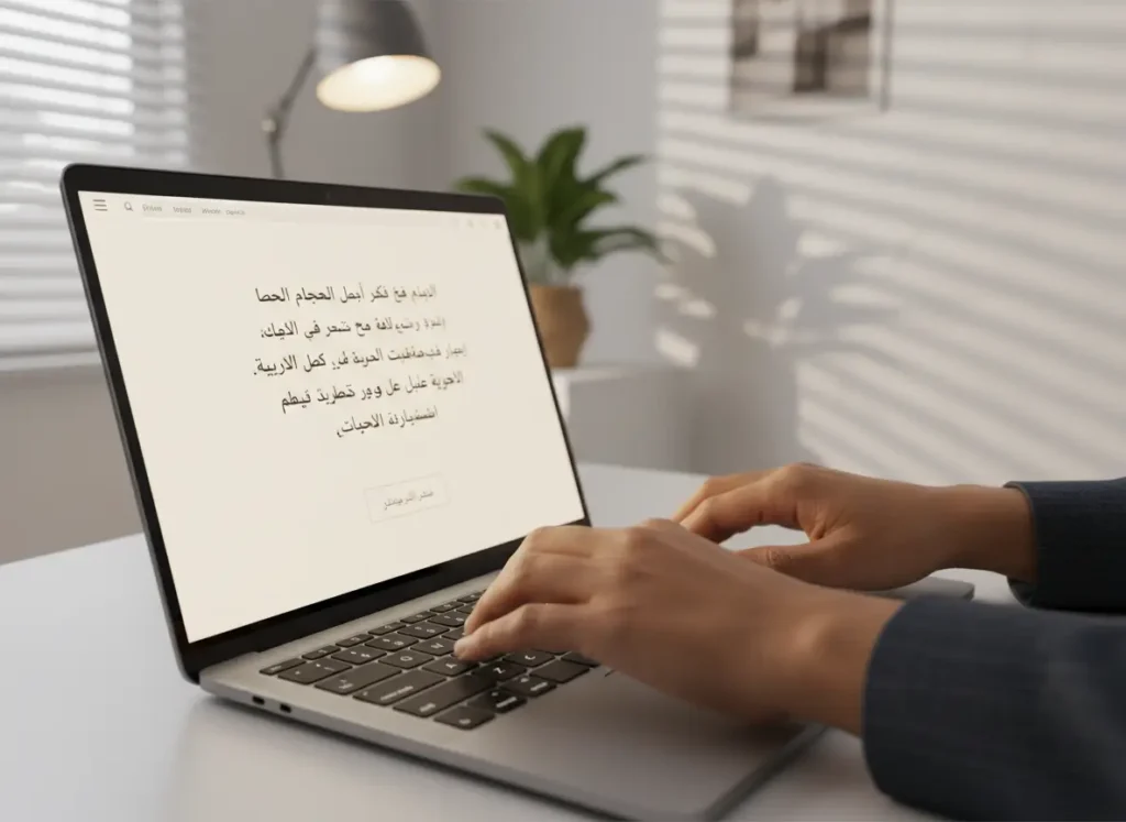 Hands typing on a modern laptop keyboard with Arabic characters, representing online Arabic writing and keyboard skills.