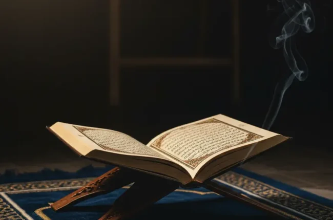Holy Quran open on a prayer mat representing spiritual connection for beginners learning Quranic Arabic