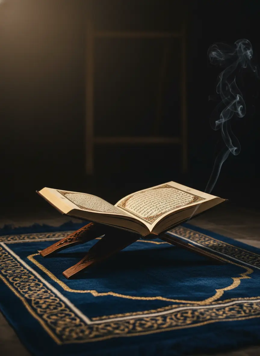 Holy Quran open on a prayer mat representing spiritual connection for beginners learning Quranic Arabic