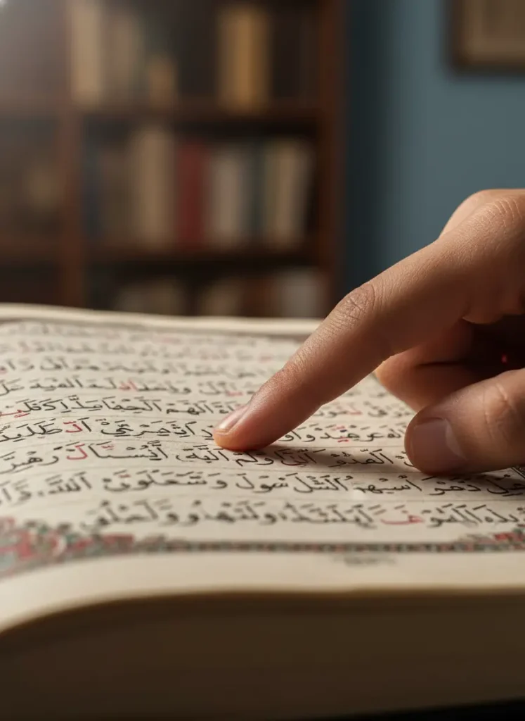 image_title Holy Quran open with focus on Tajweed letters, symbolizing the spiritual journey of learning accurate recitation