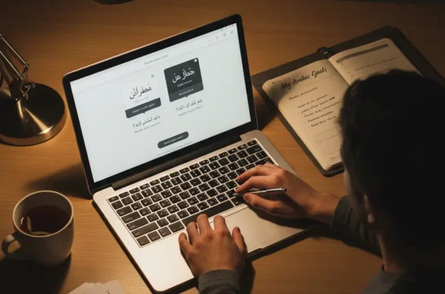 man study intensive arabic at laptop