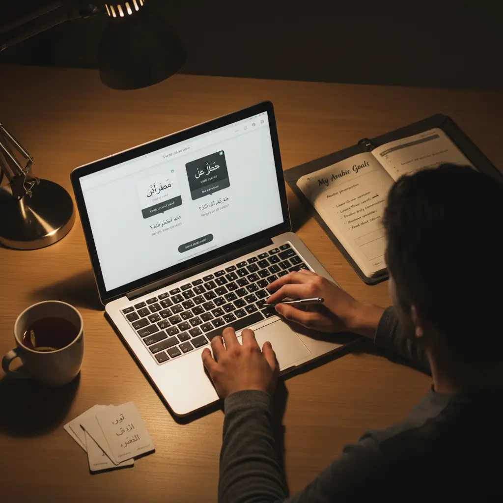 man study intensive arabic at laptop